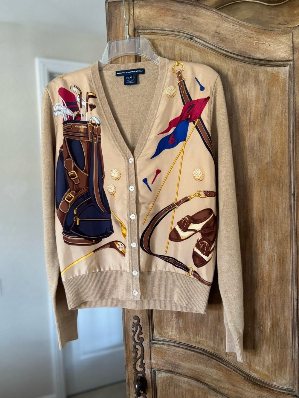 Ralph Lauren Tan Cashmere Cardigan Sweater with Silk Golf-Print front panels